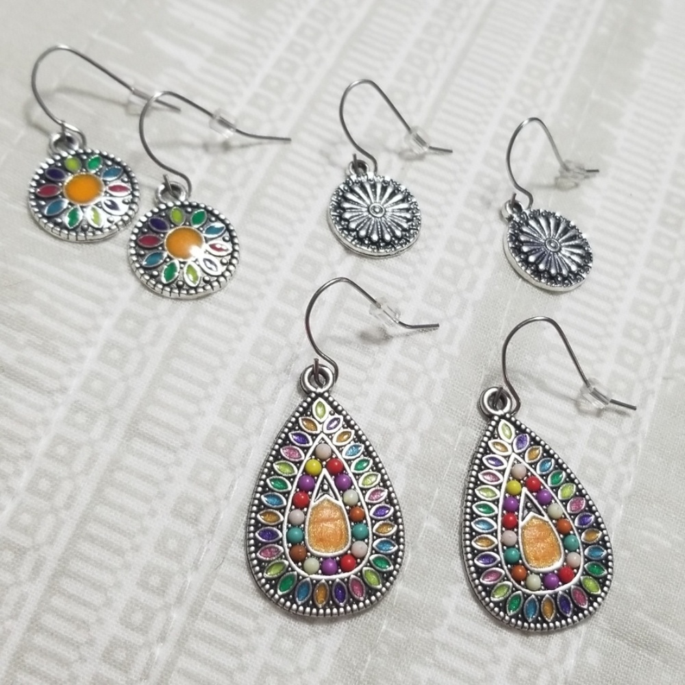Bohemian Colorfu Silvertone Earrings 3 Pair Bundle